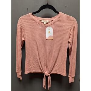 Walking Sunshine Size Medium top shirt Pink waffle knot long sleeve tie waist